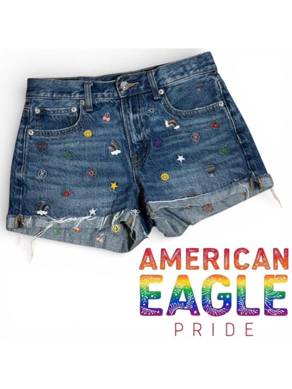 American Eagle 90’s boyfriend fit shorts multicolor rainbow embroidery size 00